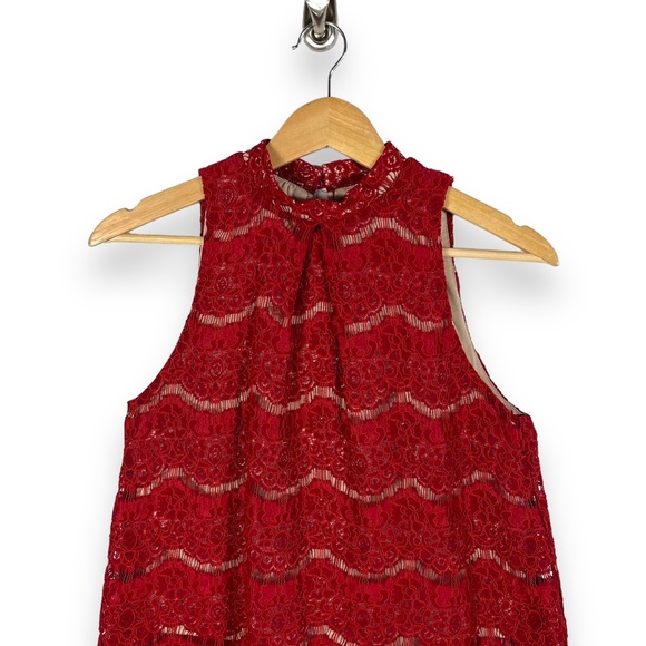 Love Fire Lace High Mock Neck Keyhole Neck Sleeveless Top, Dark Red, Size Small - Picture 2 of 9